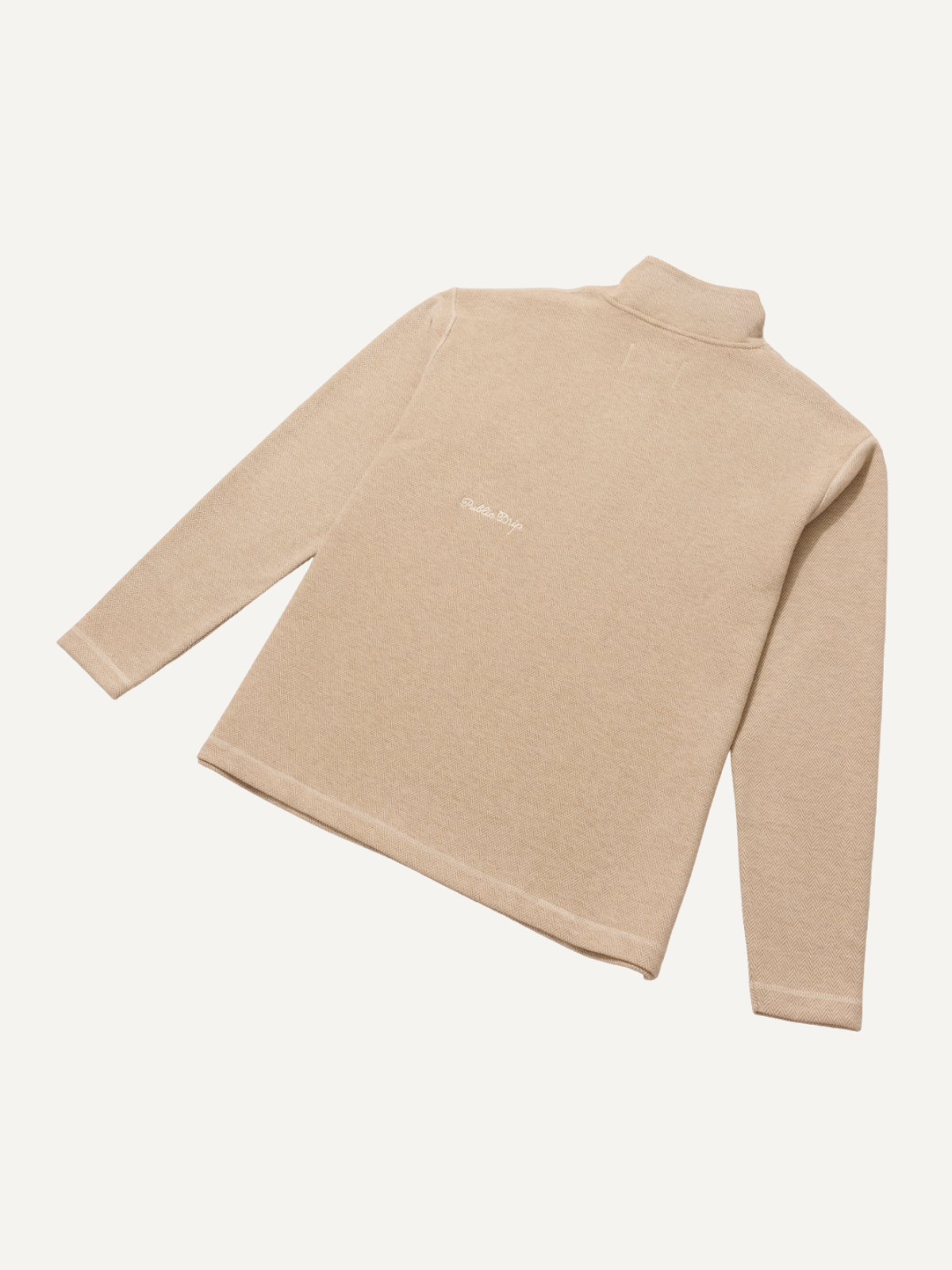 Sand herringbone half-zip knit with clean back and structured fit, Public Drip