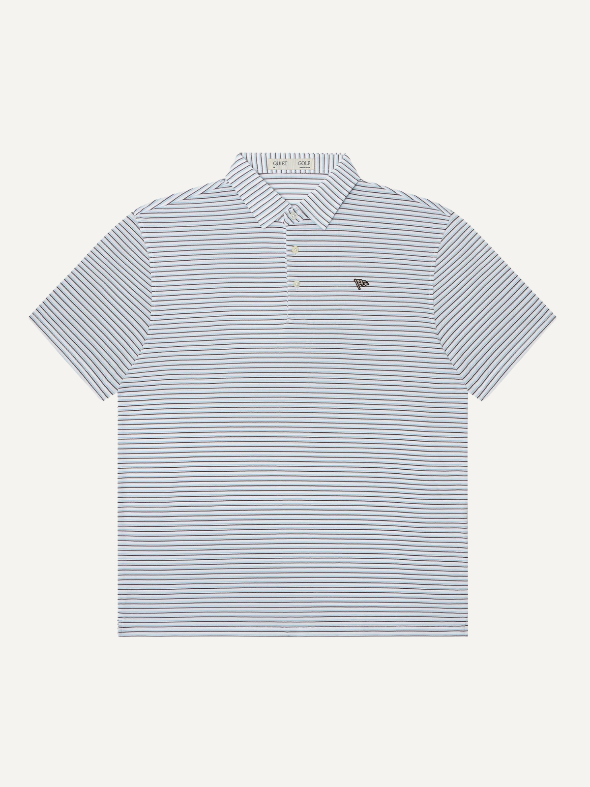 Light blue striped polo shirt with embroidered chest logo, Quiet Golf