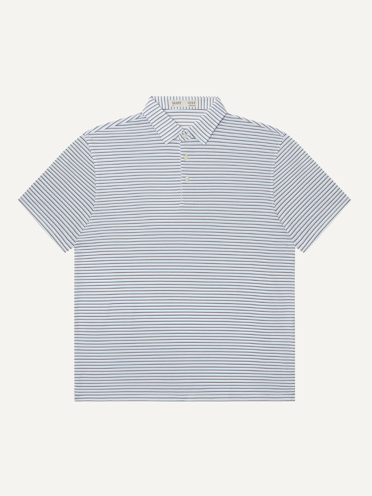 Light blue striped polo shirt with embroidered chest logo, Quiet Golf
