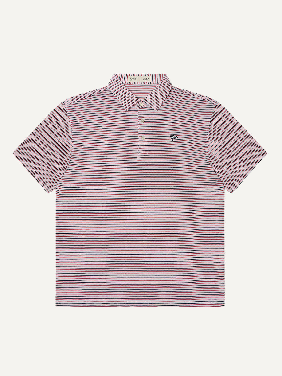 Red striped polo shirt with embroidered chest logo, Quiet Golf