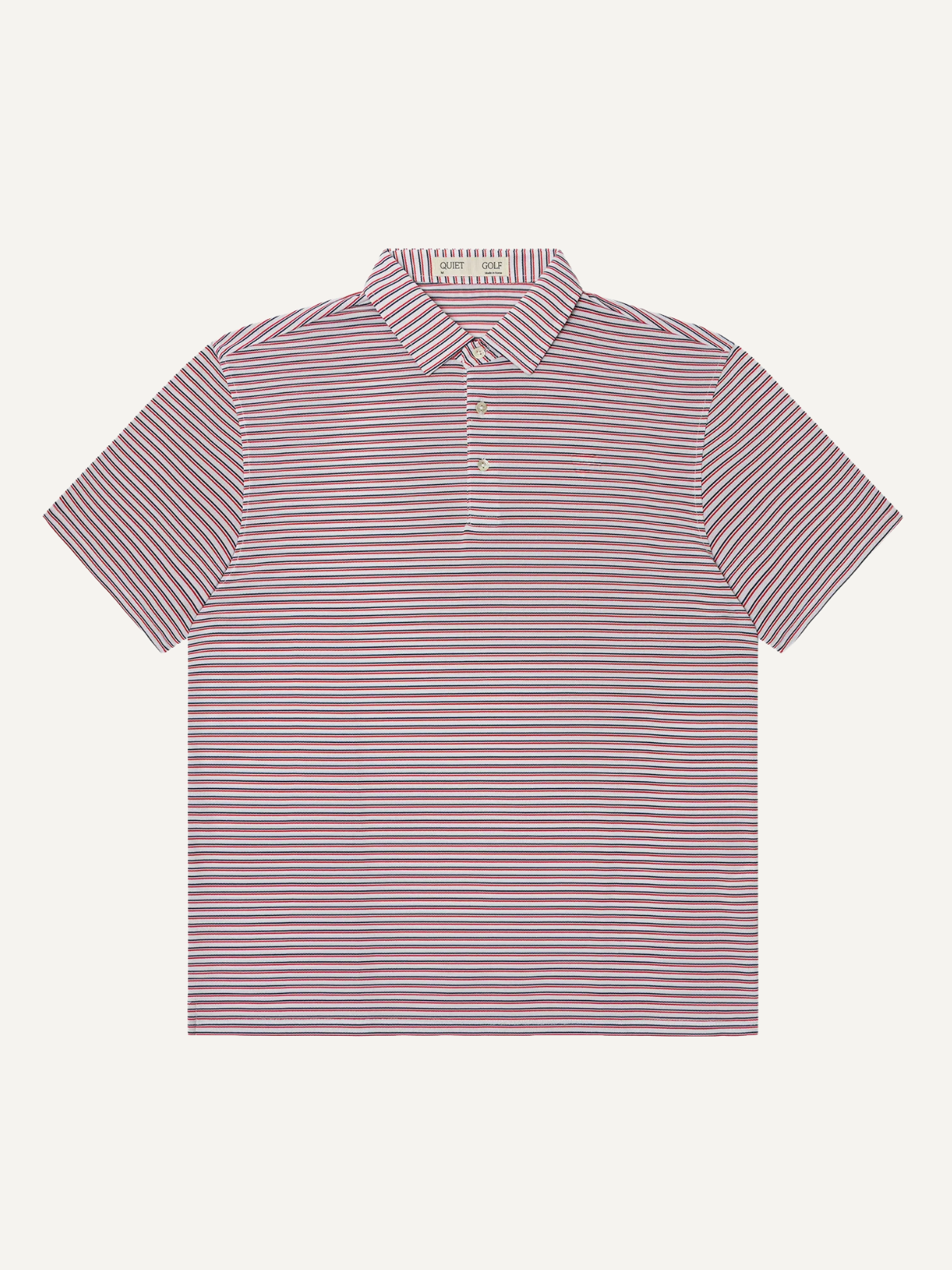 Red striped polo shirt with embroidered chest logo, Quiet Golf