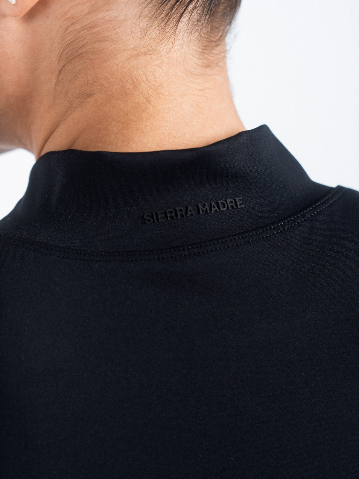 Black Ready mock neck short sleeve top, back collar detail, Sierra Madre