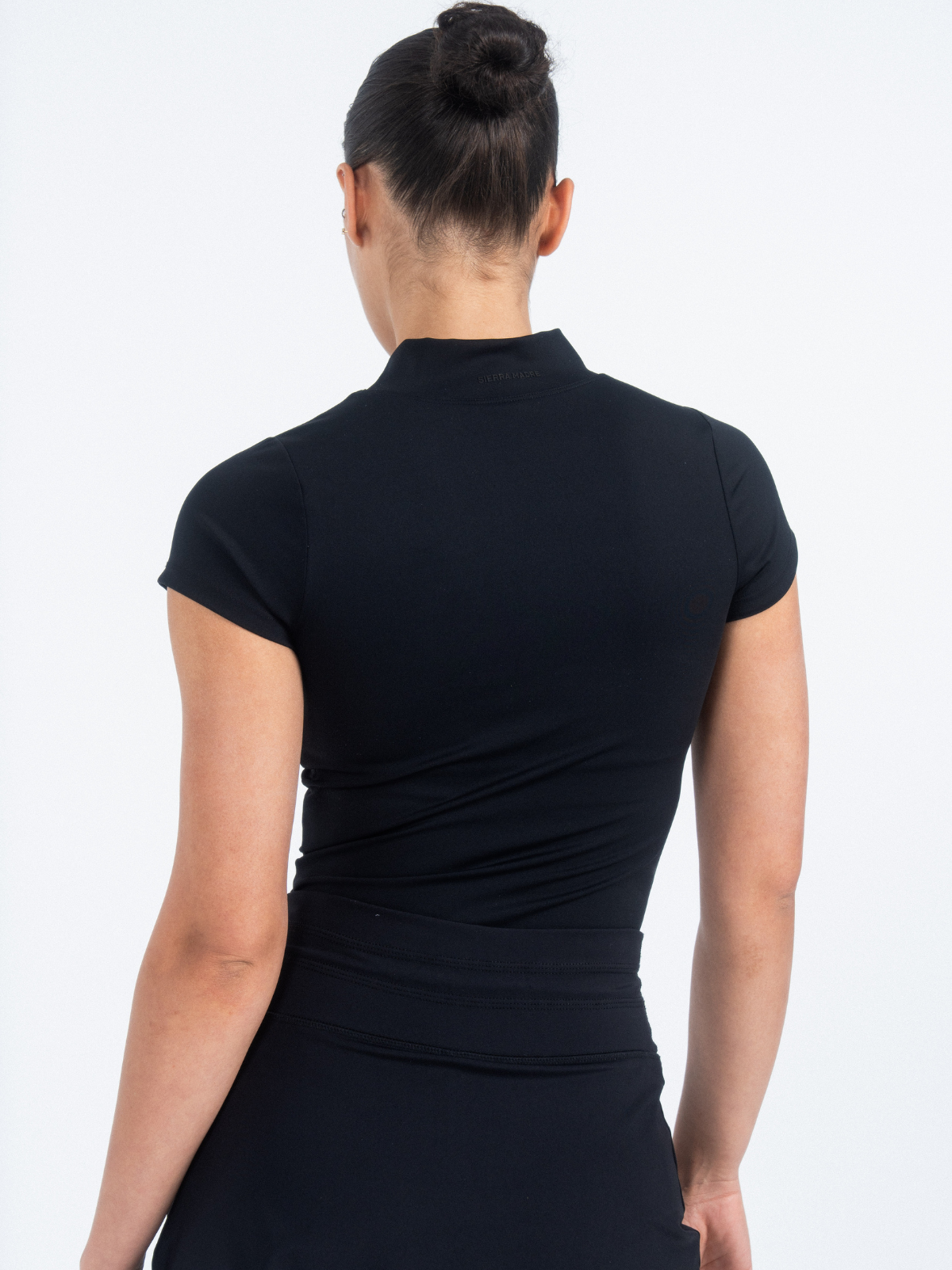 Black Ready mock neck short sleeve top, back view, Sierra Madre