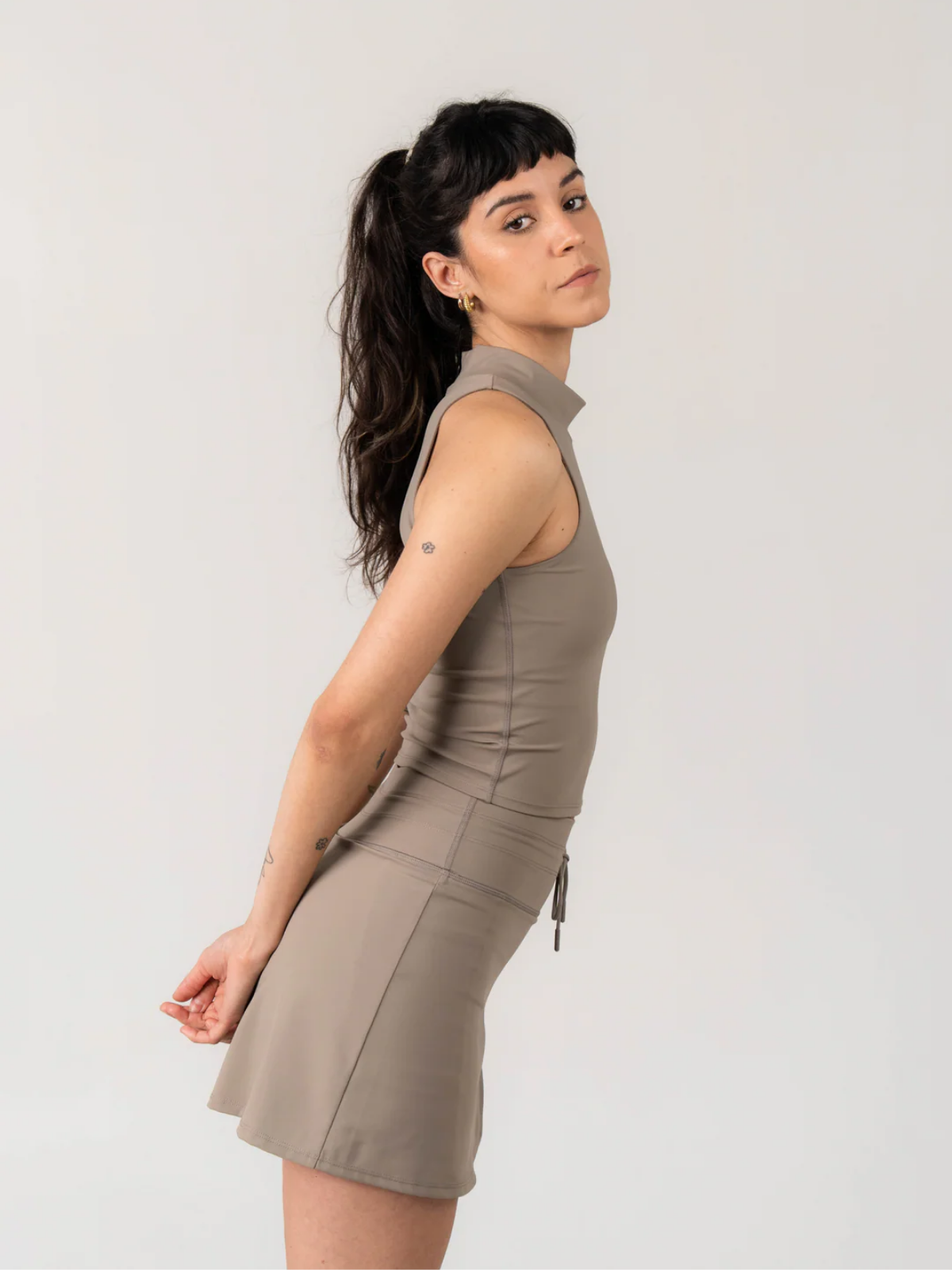 Driftwood sleeveless mock neck tank, side view, Sierra Madre