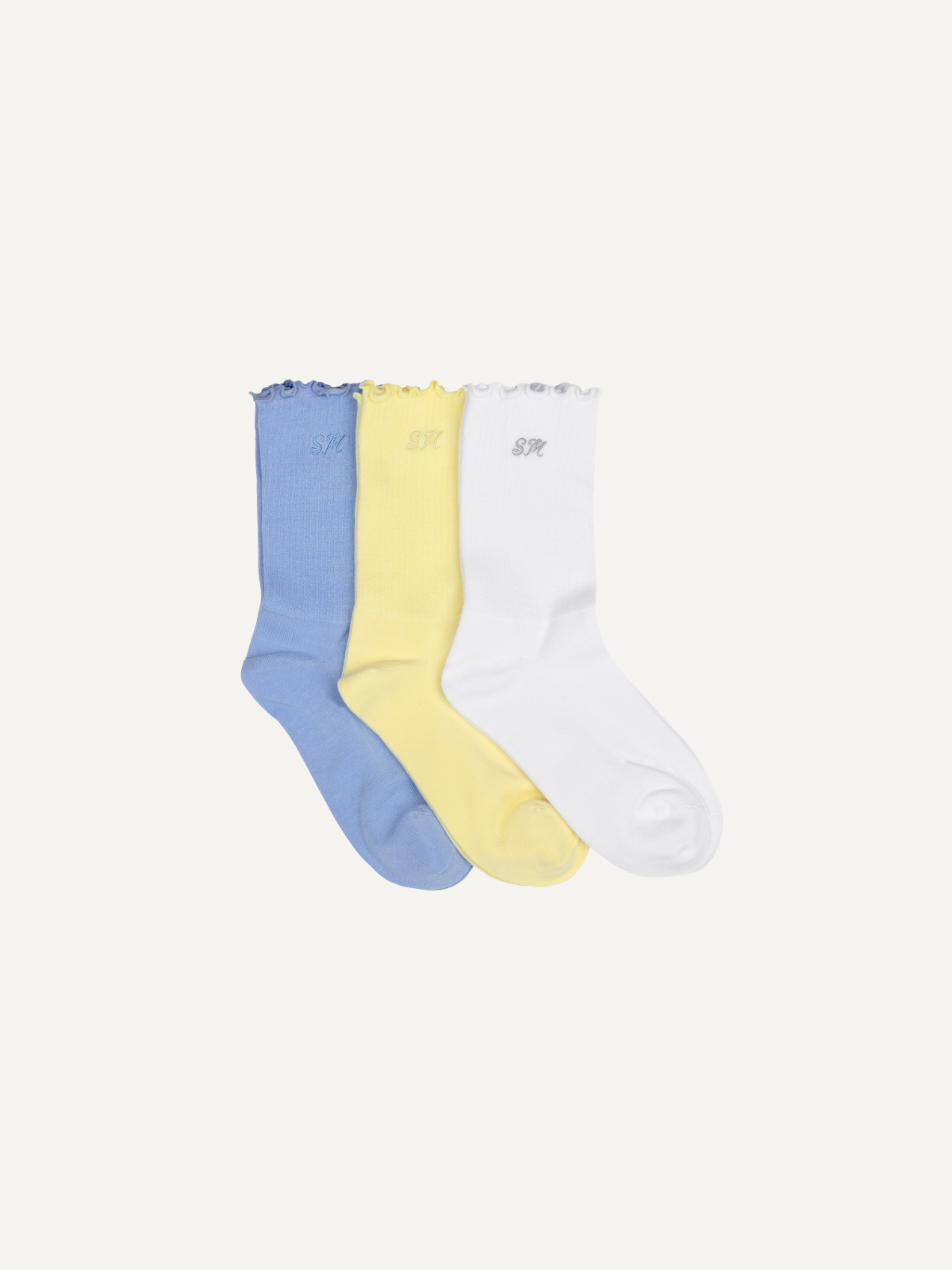 Three-pack of lettuce hem ankle socks in blue, yellow and white, Sierra Madre, front view