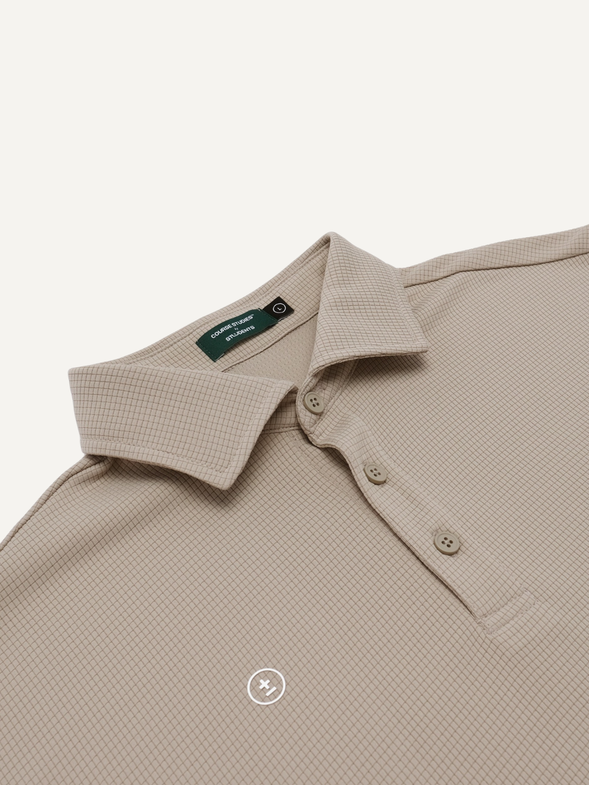 Beige Librarian Polo with textured weave and embroidered logo, Students Golf, collar detail